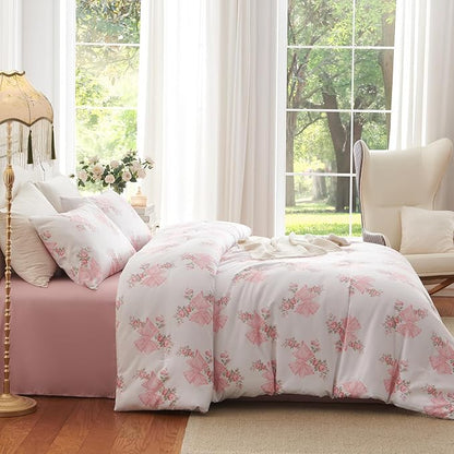 Nayoroom Pink Bow Comforter Set Full Size Pink Floral Bed Comforter for Girls 3 Pieces Soft Lightweight Kids Cute Coquette Bedding Set for All Seasons