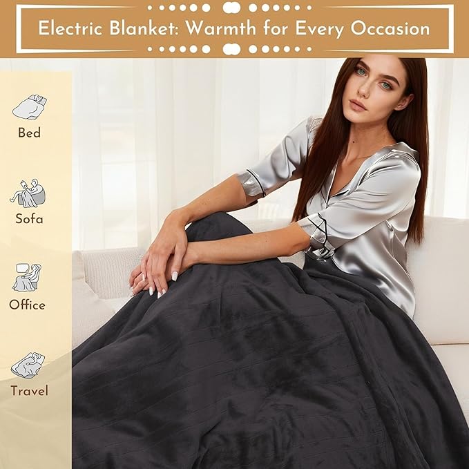 Electric Heated Blanket 50"x60" Throw Size Flannel Heated Blanket, Cozy & Warm for All Night, 5 Heat Settings & 3 Hours Auto Off, Machine Washable,Iron Grey