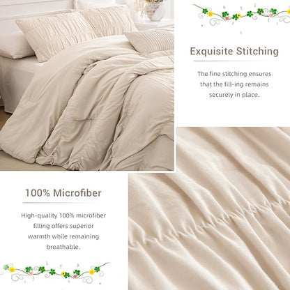 Lady Ann Oversized King Bed Comforter Set- Wheat Ruched Boho 128 x 120 Comforter Set for Bedroom, 3 Piece Fluffy Bedroom Set with Pillow Shams Soft All Season Bed Sets