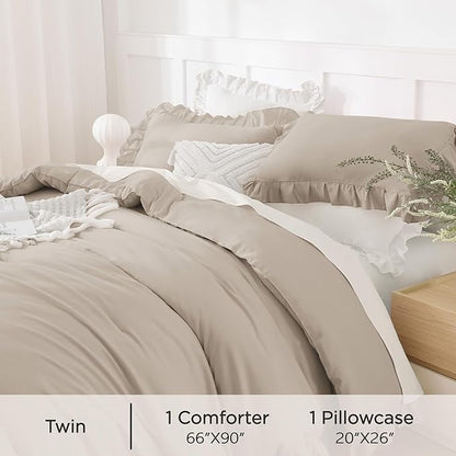 Andency Wheat Ruffle Comforter Set, 2 Pieces Kids Comforter Set Twin(66x90Inch), Farmhouse Shabby Chic Comforter Set, Soft Microfiber Kids Bedding Set