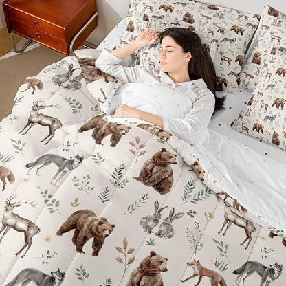 Erosebridal Woodland Animals 7 Piece Comforter Set King Size Bear Deer Hunting Theme Bedding Set for Kids Child Bedroom | Cartoon Rabbit Wolf Fox Wildlife Duvet Insert Rustic Cabin Lodge Decor Sheets