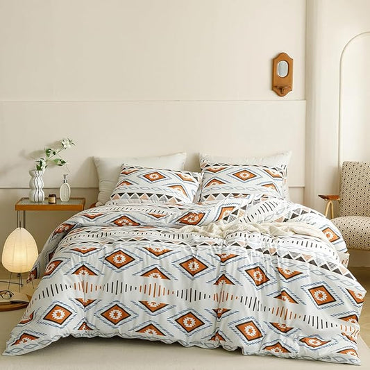 CLOTHKNOW Aztec Boho King Size Comforter Set Geometric Bedding Comforter Sets White Brown Comforter with 2 x Pillow Cases