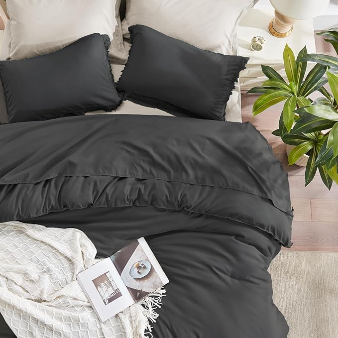 Andency Oversized King Size Comforter Set Dark Grey 128x120, 3 Pieces Boho Soft Lightweight Bedding Comforter Sets, Tassel All Season Bed Set (1 Comforter & 2 Pillowcases)