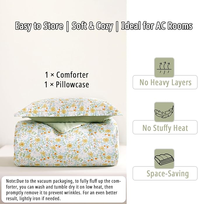 Floral Cotton Comforter Twin Size 2Pcs - Yellow and Blue Tiny Flowers & Little Lambs on White, Sage Green Back, Reversible Lightweight Bedding Sets with Soft Fill(1 Comfoter, 1 Pillowcase)