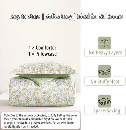 Floral Cotton Comforter Twin Size 2Pcs - Yellow and Blue Tiny Flowers & Little Lambs on White, Sage Green Back, Reversible Lightweight Bedding Sets with Soft Fill(1 Comfoter, 1 Pillowcase)
