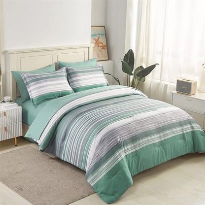 KAKIJUMN 7 Piece Bed in a Bag Stripe Comforter Set King Size, White Grey Sage Green Patchwork Striped Comforter and Sheet Set, All Season Soft Microfiber Complete Bedding Sets(Green,King)