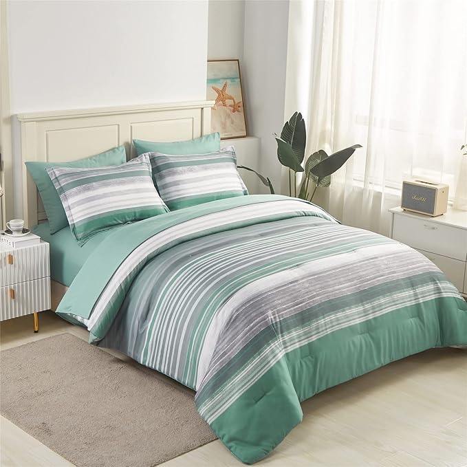 KAKIJUMN 7 Piece Bed in a Bag Stripe Comforter Set Queen Size, White Grey Sage Green Patchwork Striped Comforter and Sheet Set, All Season Soft Microfiber Complete Bedding Sets(Green,Queen)