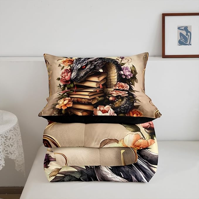 Manfei Black Dragon Comforter Twin,Vintage Animals Magic Books Quilt Comforter with 1 Pillowcase for All Season Bedroom,Rustic Flowers Botanical Plants Bedding Set Comfortable,Soft and Breathable