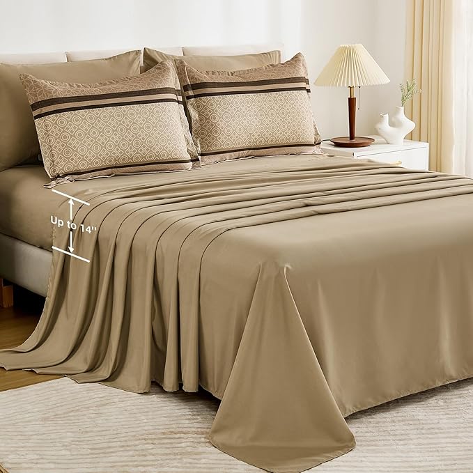 WONGS BEDDING Comforter Set King Size 7 Pieces, Earth Tones Bed in a Bag Striped Bedding Set, Minimalist Geometric Soft Lightweight Micorfiber Comforter with Pillowcases & Shams,Sheets (90"×104")