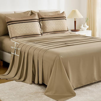 WONGS BEDDING 7 Pieces Comforter Set California King Size, Brown Striped Bed in a Bag Comforter and Sheet Set, Bohemian Soft Lightweight Micorfiber Bedding Set for All Season (96"×104")