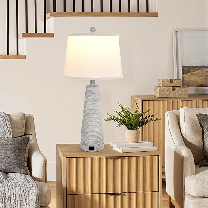 Terpsichore Nightstand Lamp Bedside Lamps Set of 2 Vintage Rustic Farmhouse Table Lamp 3 Way Dimmable Horizontal Stripe Light,for Living Room Bedroom,USB A+C (White, High 27 Inch)