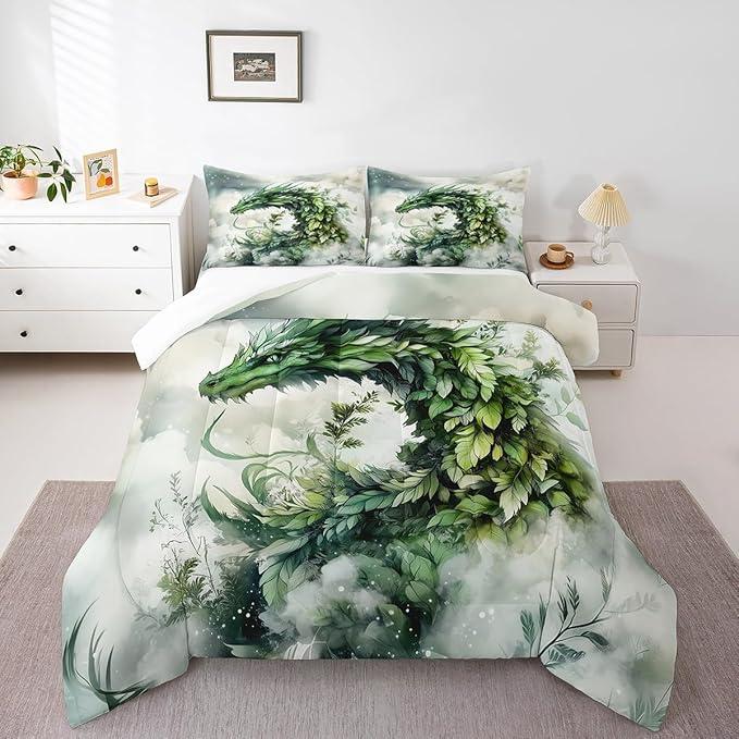 Manfei Dragon Leaves Comforter Set for Kids Adults,Mystery Dragon Wildlife Rustic Plants Bedding Comforter Sets Twin,Dreamy 3D Cloud Sky Quilt Comforter with 1 Pillowcase