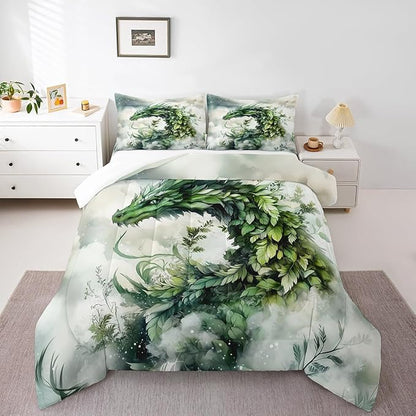 Manfei Dragon Leaves Comforter Set for Kids Adults,Mystery Dragon Wildlife Rustic Plants Bedding Comforter Sets Toddler,Dreamy 3D Cloud Sky Quilt Comforter with 1 Pillowcase