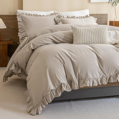 Sanracie Queen Comforter Sets, Cotton Ruffled Boho Comforter Set Queen 3 Pieces Linen Feel Farmhouse Vintage Shabby Boho Chic Bedding Soft Lightweight Bed Set for All Season