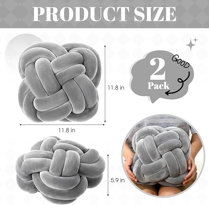 2 Pcs Knot Pillow Balls Set, 12 Inch Soft Decorative Throw Knot Pillow Ball, Large Square Knotted Floor Cushion for Living Room Bedroom Sofa Couch Bed Home Decoration(Light Gray)