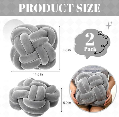 2 Pcs Knot Pillow Balls Set, 12 Inch Soft Decorative Throw Knot Pillow Ball, Large Square Knotted Floor Cushion for Living Room Bedroom Sofa Couch Bed Home Decoration(Light Gray)