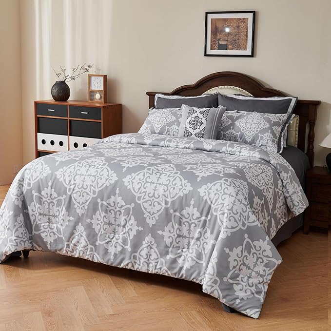 EVENHUG Queen Comforter Set 7 Pieces Lightweight Soft Queen Size Comforters for All Season Floral Bedding Sets Bed in a Bag with Flat Sheet and Fitted Sheet Pillowcases (90"x90")