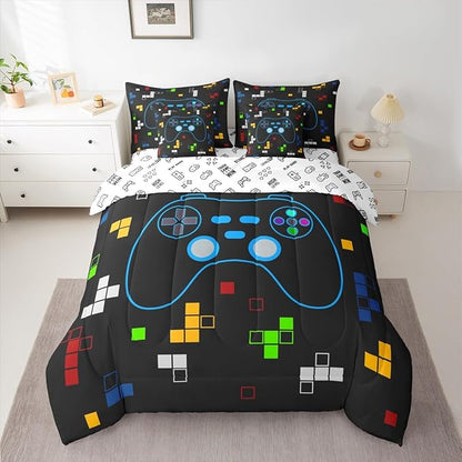 Cartoon Gamepad 7Pcs Comforter Set Queen Size,Miner Video Games Bedding Set,Kids Boys Girls Room Decor,Colorful Pixelated Geometric Bed in a Bag Black Reversible Gamer Flat Fitted Sheet,2 Pillowcases
