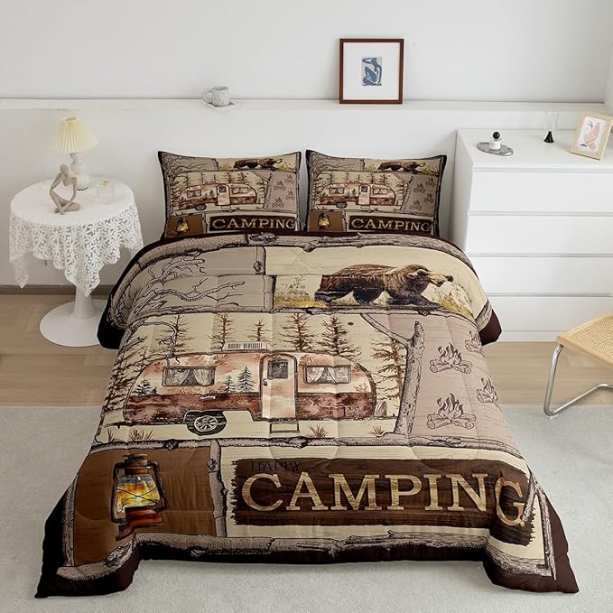 Happy Camping Comforter Set,RV Bedding Set for Kids Boys RV Gift,Rustic Farmhouse Camping Lovers Bedding Comforter Sets Vintage Country Woodland Hunting Animal Duvet Insert with 2 Pillowcases,King