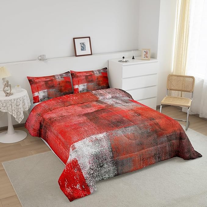 Erosebridal Red Grey Ombre Comforter Set for Kids Teens Youth,Watercolor Bedding Set Full Size,Abstract Oil Painting Bedding Comforter Sets,Mid Century Contemporary Duvet Insert with 2 Pillowcases
