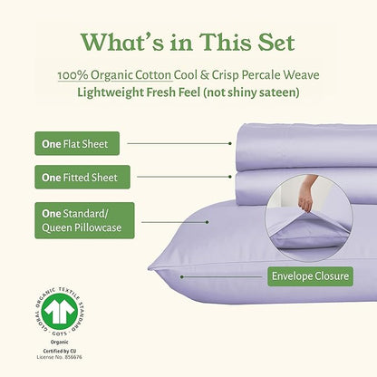 California Design Den Twin Size Bed Sheets Set - Soft 100% Organic Sheets with Deep Pockets, Crisp Percale, Breathable and Durable Organic Cotton Bedding Set - Lavender Mist