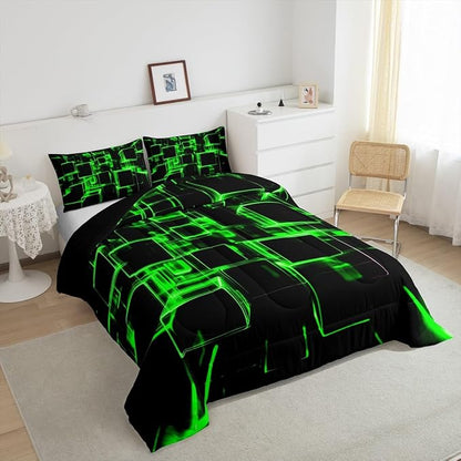 Erosebridal Fluorescent Green and Black Kids Comforter Set, Modern Geometric Square Bedding for Boys Girls Gradient Neon Light Honeycomb Duvet Set King 3 Pieces