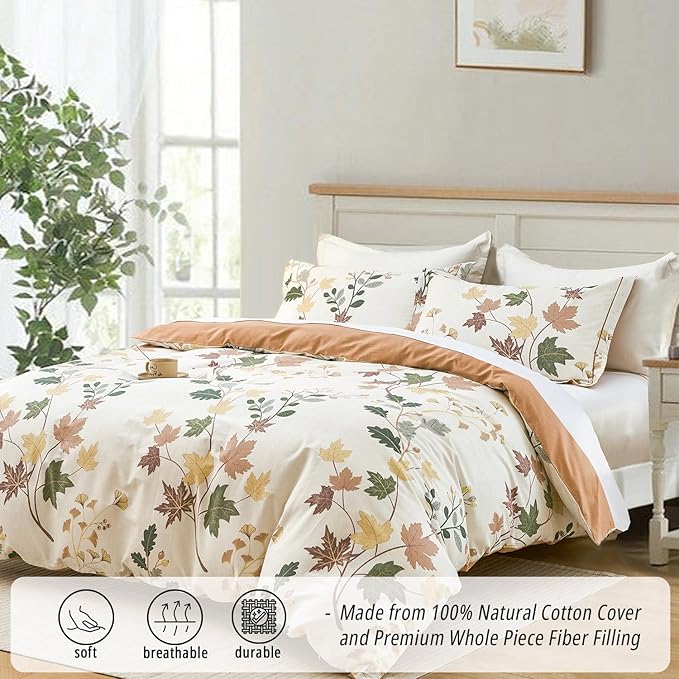 Botanical Cotton Comforter Queen Size - Luxurious Design with Maple Leaves and Branches on Beige, Textured Maple Orange Back, 3PC Lightweight Bedding Set with Ultra-Soft Alternative Fill