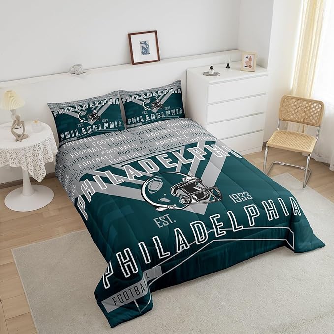 Feelyou Football Bedding Set Boys Girls Twin Size Women Men Rugby Sports Comforter Football City Duvet Quilt Gray Green Room Decor