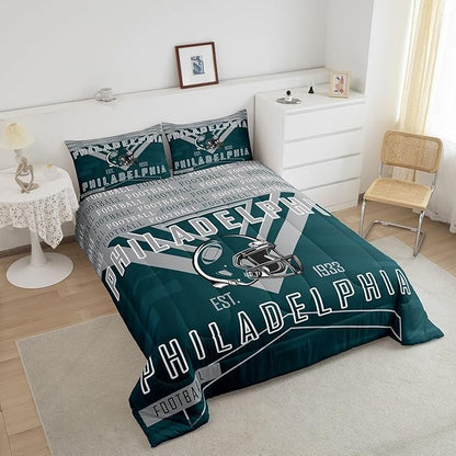 Feelyou Football Bedding Set Boys Girls Full Size Women Men Rugby Sports Comforter Football City Duvet Quilt Gray Green Room Decor