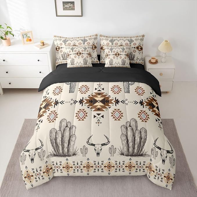 Erosebridal Western Aztec Bedding Set King Rustic Country Southwestern Comforter Set 7 Piece Boho Tribal Geometric Ethnic Bull Skull Bed in A Bag Vintage Native American Quilt with Flat Fitted Sheet