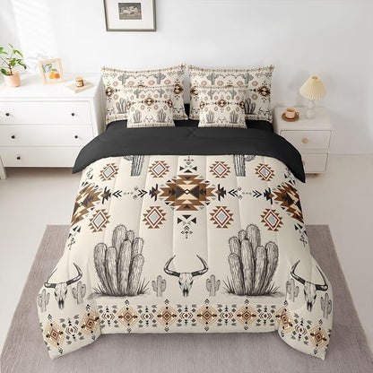 Erosebridal Western Aztec Bedding Set Full Rustic Country Southwestern Comforter Set 7 Piece Boho Tribal Geometric Ethnic Bed in A Bag for Men Vintage Cactus Bull Skull Quilt with Flat Fitted Sheet