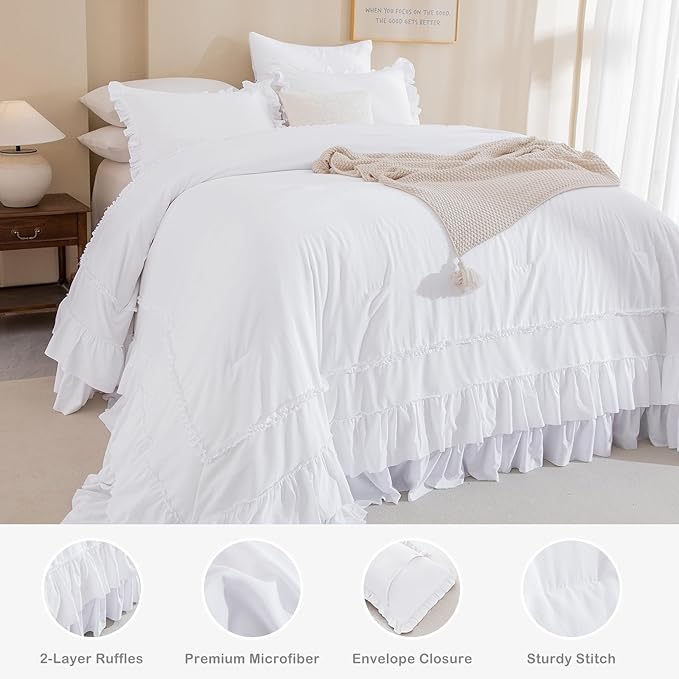 Masaca Oversized King Comforter 120x120,Farmhouse Shabby Boho Chic Bright White Ruffle California King Comforter Set French Country Rustic Bedding 3PCS (1 Ruffled Comforter+2 Pillow Shams)