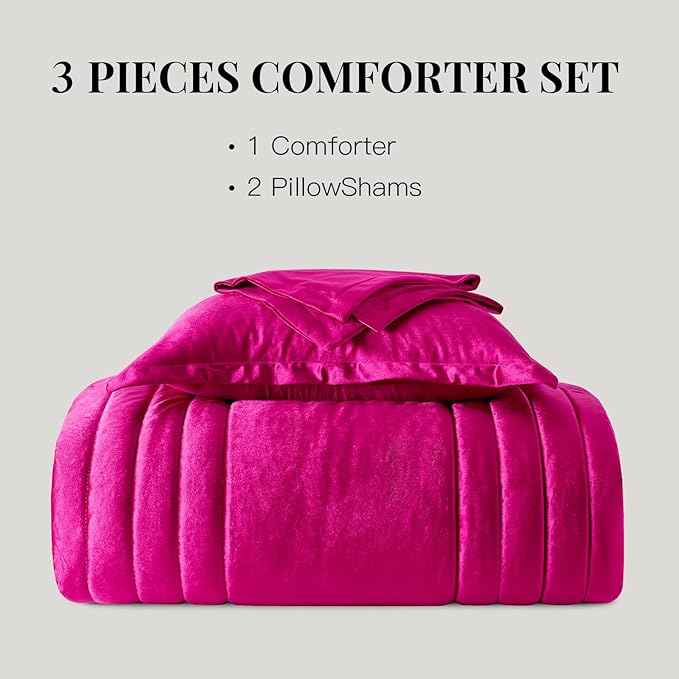 MUSSEL King Size Comforter Set Hot Pink 3 Pieces,Luxury Velvet Striped Bedding Comforter Sets,Elegant Lightweight Neutral Soft Fluffy King Comforter Sets for Bedroom