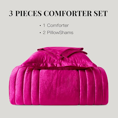 MUSSEL King Size Comforter Set Hot Pink 3 Pieces,Luxury Velvet Striped Bedding Comforter Sets,Elegant Lightweight Neutral Soft Fluffy King Comforter Sets for Bedroom