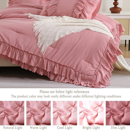 Herside Bean Pink Ruffle Comforter Set King Size,Shabby Chic Boho Bedding Sets, Soft Fluffy Comforters Sets for All Season,Vintage Ruffled 3 Pcs Microfiber Lightweight Quilt Set for Women Girls