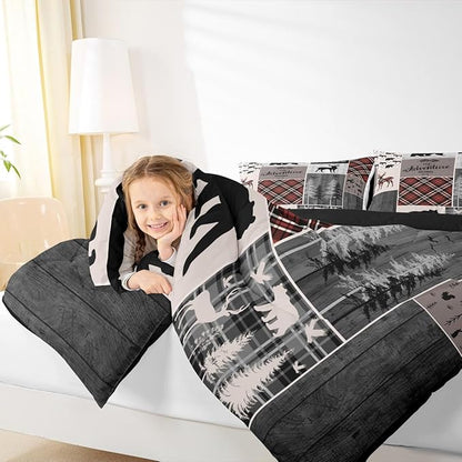 Retro Cabin Rustic Comforter Set For Room Decor, Country Farmhouse Lodge Quilt Bear Moose Deer Bedding Set Hunting Wild Animal Plaid Patchwork Duvet Insert Rustic Decorations For Home, Queen Size