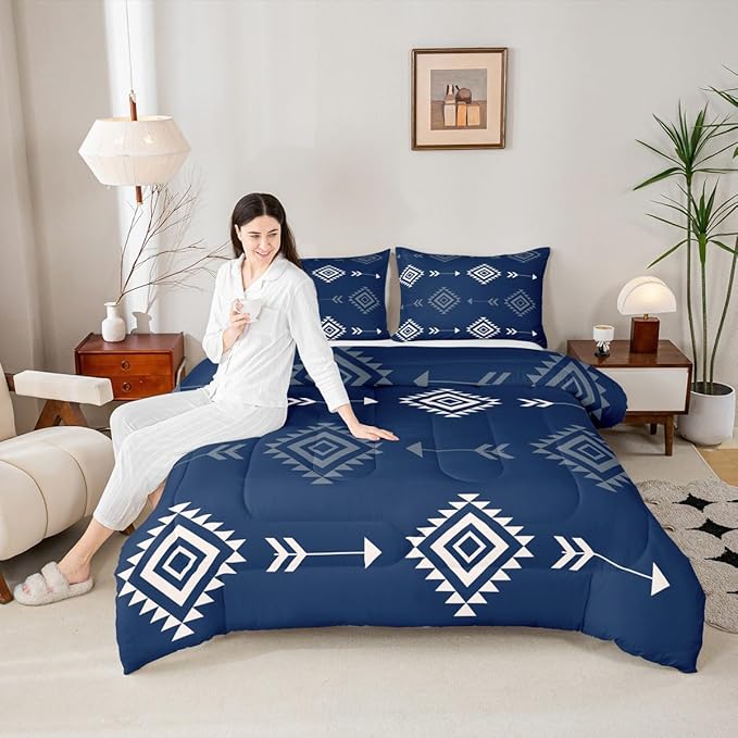 Feelyou Blue Western Bedding Set Twin Size Kids Southwestern Aztec Tribal Comforter Set for Boys Girls Bohemian Duvet Quilt