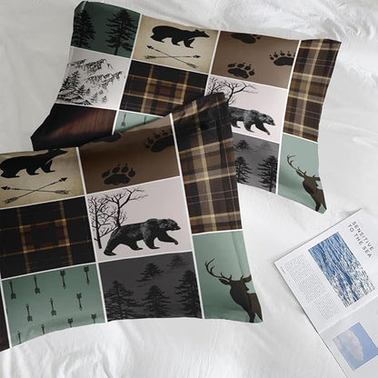 7 Pcs Comforter Set King Size, Wildlife Hunting Deer Bedding Set for Kids and Adults, Vintage Winter Animal Bear Plaid Bed Sheet Sets with Fitted Sheet 2 Pillowcases & 2 Shams