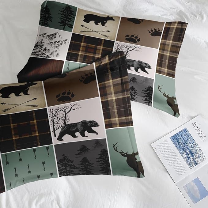 7 Pcs Comforter Set Full Size, Wildlife Hunting Deer Bedding Set for Kids and Adults, Vintage Winter Animal Bear Plaid Bed Sheet Sets with Fitted Sheet 2 Pillowcases & 2 Shams