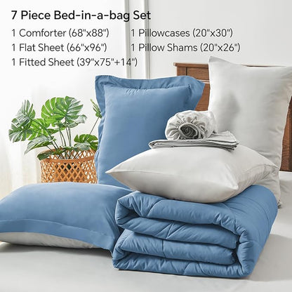 BEDELITE Twin Comforter Set 5 Pieces Bed in A Bag - Soft Microfiber Reversible Blue Bed Set with Comforters, Sheets, Pillowcase & Sham, Cozy Luxury Bedding Sets for All Season