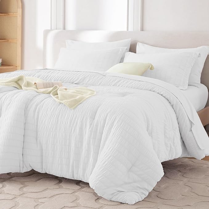 MUXHOMO 7 Pieces Queen Comforter Set, Seersucker Bed in a Bag Queen Size, All Season Luxury Bedding Set with Comforter, Flat Sheet, Fitted Sheet, Pillowcases & Shams, White