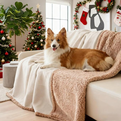 Makigued Waterproof Dog Blanket for Couch & Bed, Reversible Sherpa Fleece Pet Throw with Quiet TPU Barrier, Machine Washable Furniture Protector for Large Dogs & Cats, Throw Size 50x60 Inch, Cream