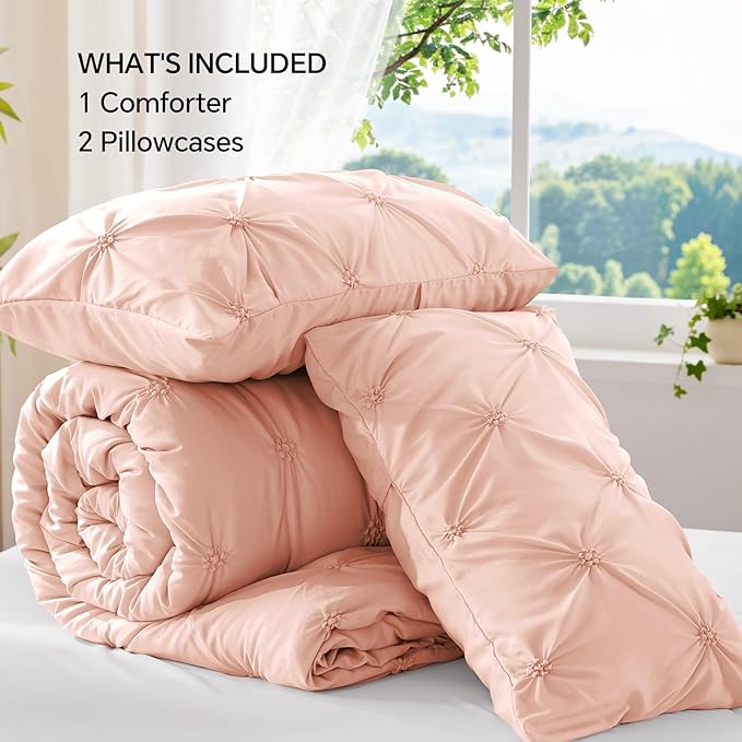 BEDELITE Dusty Pink Queen Comforter Set - 3 Pieces Boho Pintuck Bedding Comforter Sets, Lightweight Soft & Warm Bed Comforter Queen with 2 Pillowcases for All Season