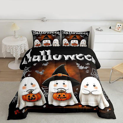 Erosebridal Boys Halloween Queen Comforter Set, Ghost Holding Pumpkin Bedding Set, Halloween Ghost with Wizard Hat Comforter, Bat Cobweb Black Quilt with 2 Pillowcases for Kids Girls Teens Bedroom