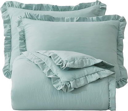 Chezmoi Collection Nora Aqua Comforter Set Full Size 3-Piece Fluffy Soft Lightweight Bedding Ruffled Edge Trim Stone-Washed Microfiber Comforter Set for All Season