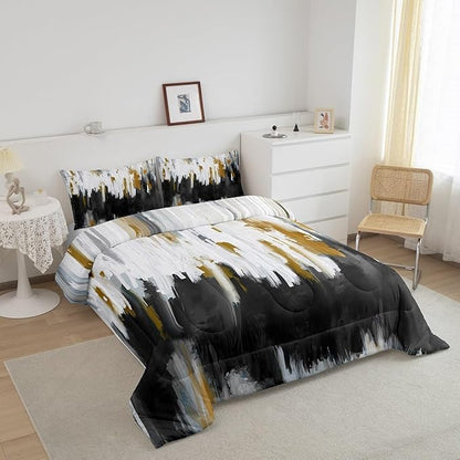 Erosebridal Black Grey Comforter Full Brush Strokes Oil Painting Bedding Set, Gradient Abstract Chic Vintage Down Comforter Ombre Graffiti Bed Set, Contemporary Modern Quilted Duvet