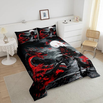 Erosebridal Dragon Bedding Set King Size, Japanese Style Comforter Set for Teens Youth Adult Men Room，Ancient Animal Quilt, Retro Wildlife Ukiyo-E Down Comforter, Black Grey Red
