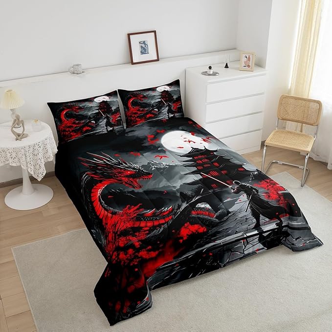 Erosebridal Dragon Bedding Set Toddler Size, Japanese Style Comforter Set for Teens Youth Adult Men Room, Ancient Animal Quilt, Retro Wildlife Ukiyo-E Down Comforter, Black Grey Red