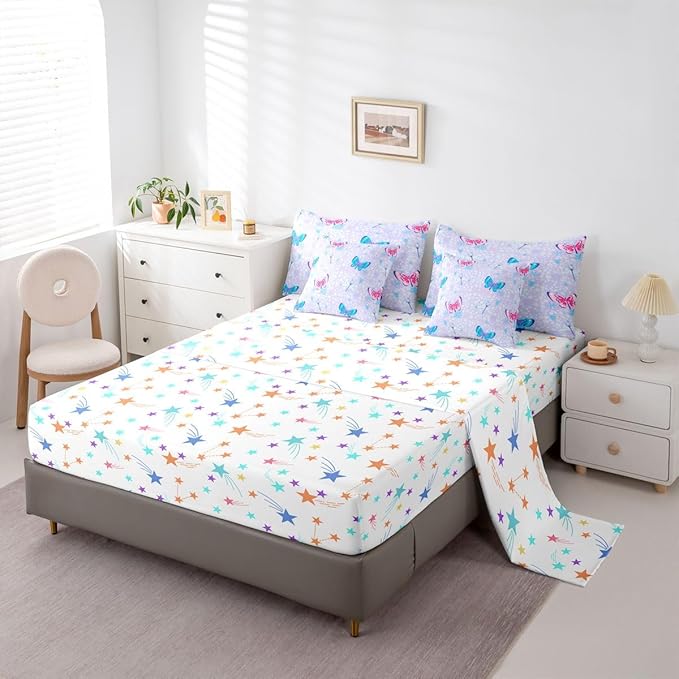 Feelyou Butterfly Dragonfly 7 Piece Bedding Set Cute Flower Comforter Set with Sheets for Kids Boys Girls Purple Bed in a Bag Animal Theme Bed Set Soft Lightweight