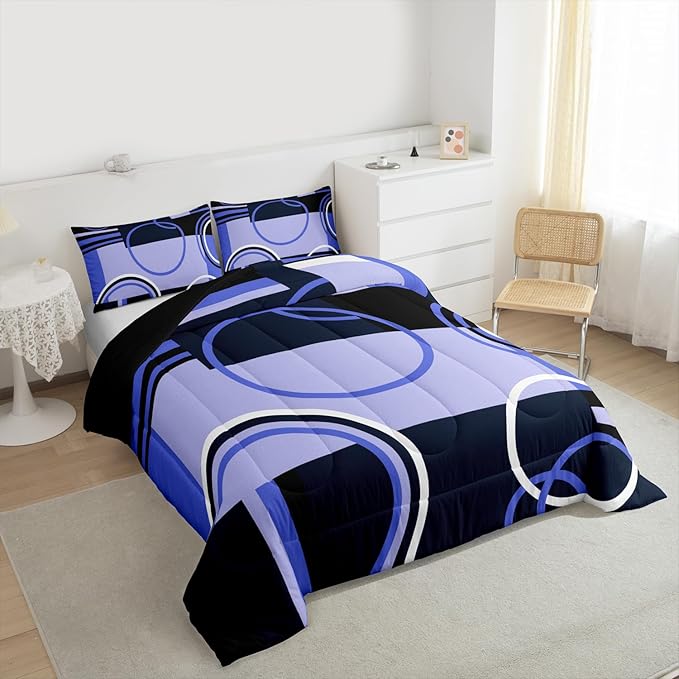 Retro Swirls Bedding Sets Twin Geometric Circles Square Comforter For Kids Girls Teens Blue Black Grey Duvet Set Vintage Graphic Patchwork Quilted Comforter Soft Microfiber Bedding Comforter Sets